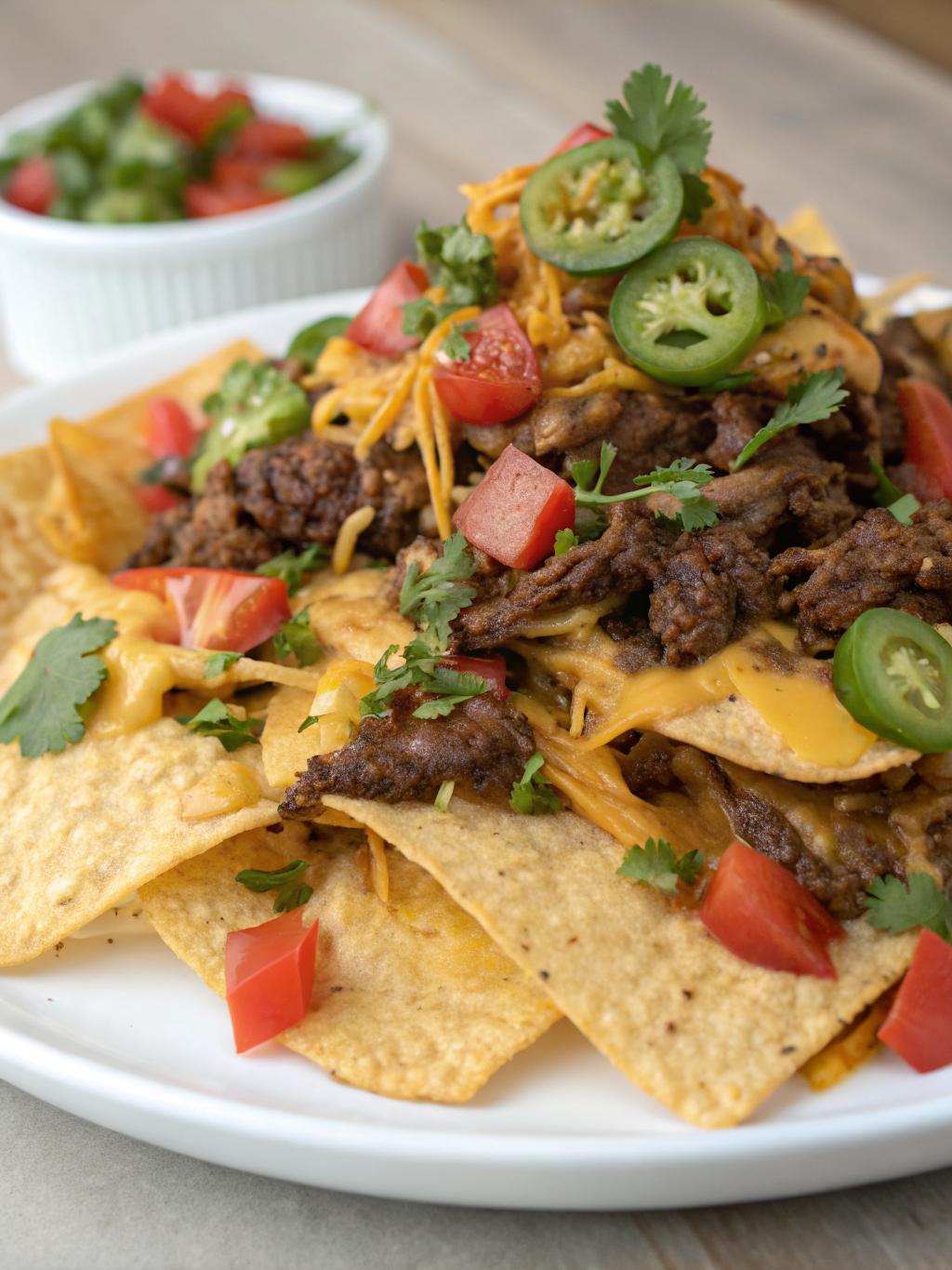 A vibrant platter of Loaded Beef Nachos with Melted Cheese, topped with ground beef, cheese, jalapenos, and sour cream.
